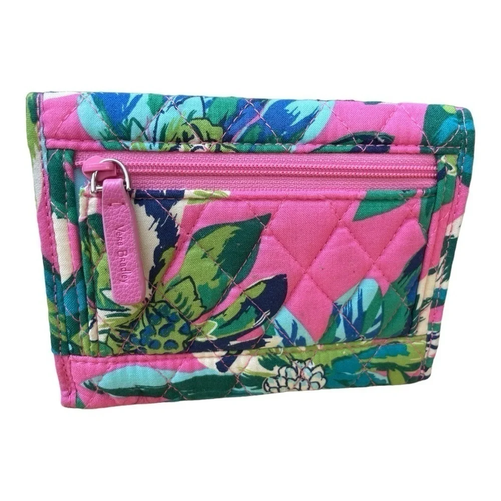 Vera Bradley Quilted Cotton Trifold Wallet Pink Green Tropical Botanical Floral